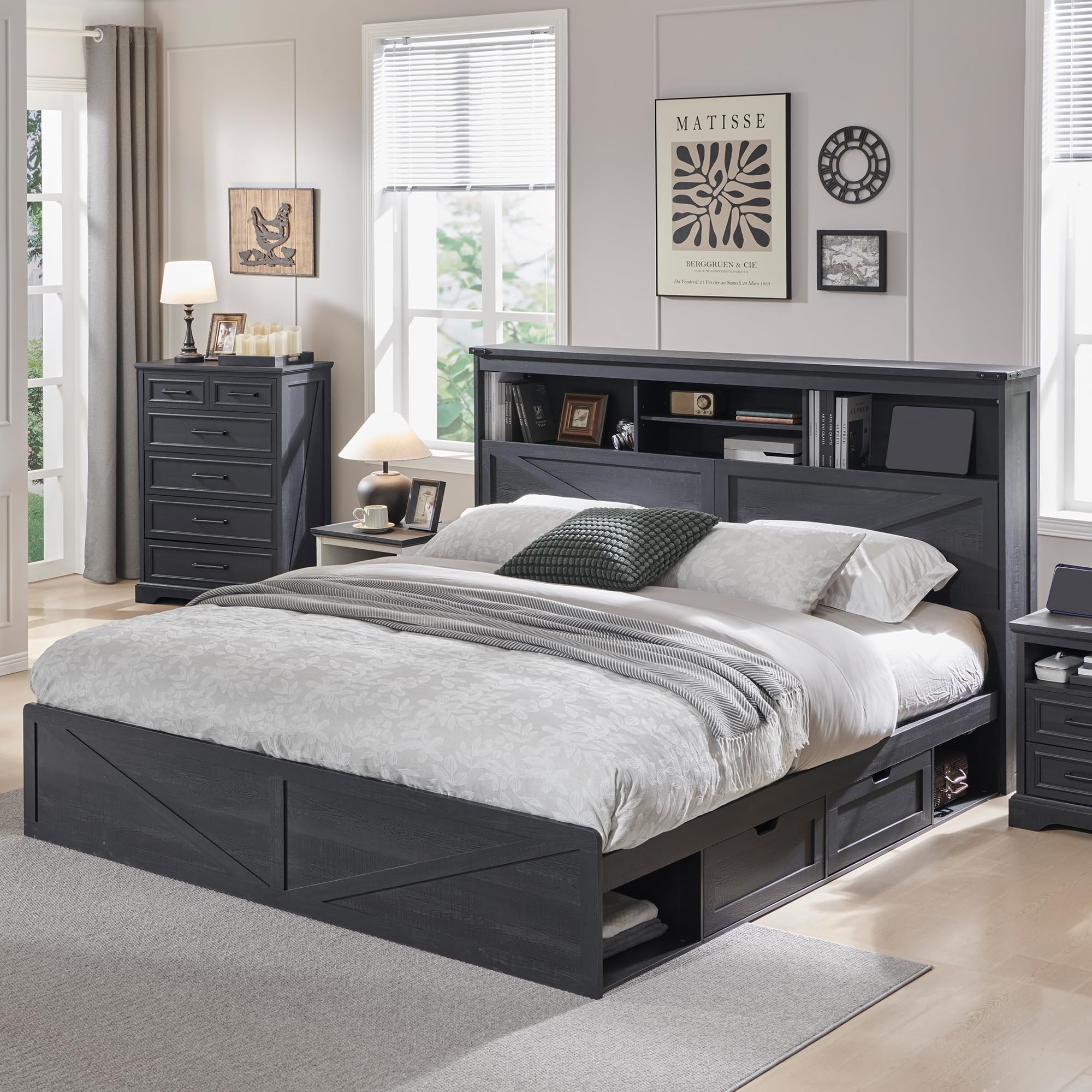 Farmhouse King Size Bed Frame  - огляд і ціна King Size Bed Frame With Storage Drawers