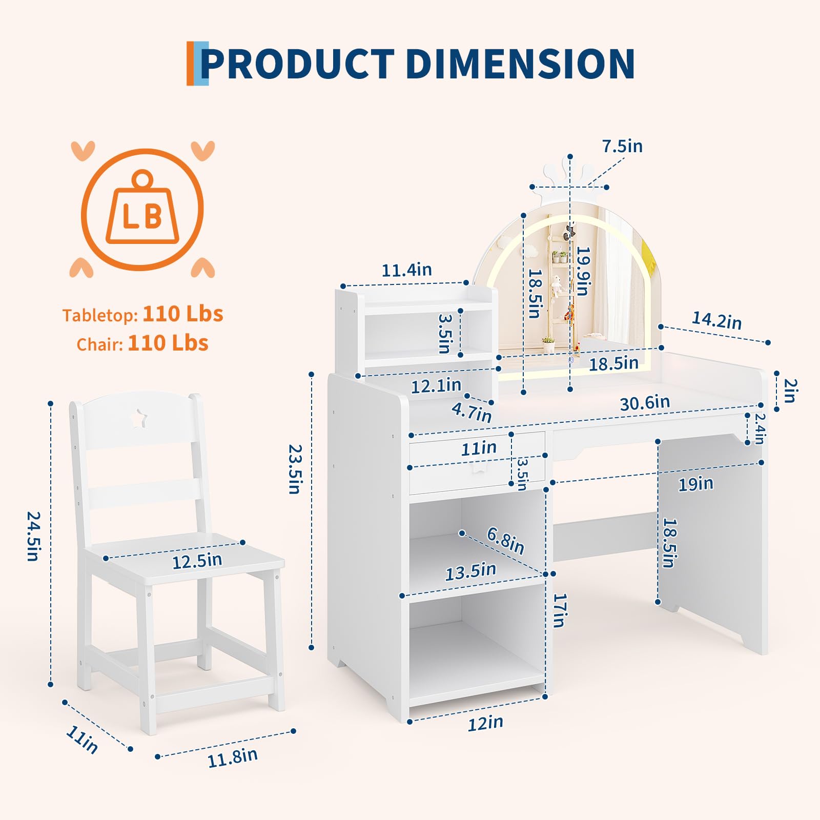 Kids Vanity Table & Chair Set  - огляд і ціна Dressing Table Vanity With Lighted Mirror