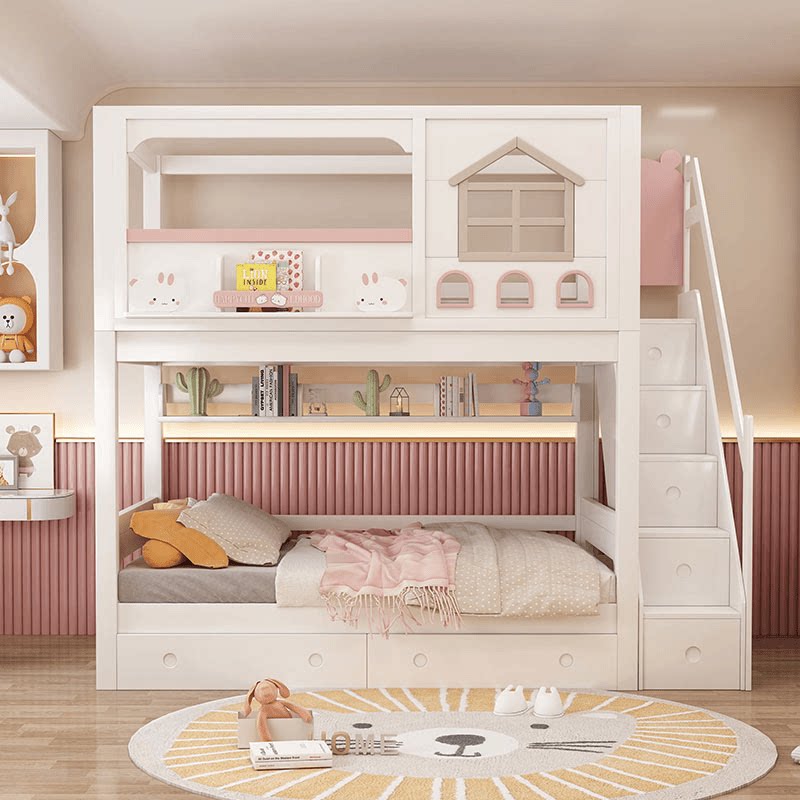 Modern Pink Solid Wood Kids Bu - огляд і ціна Bunk Bed With Stairs And Slide