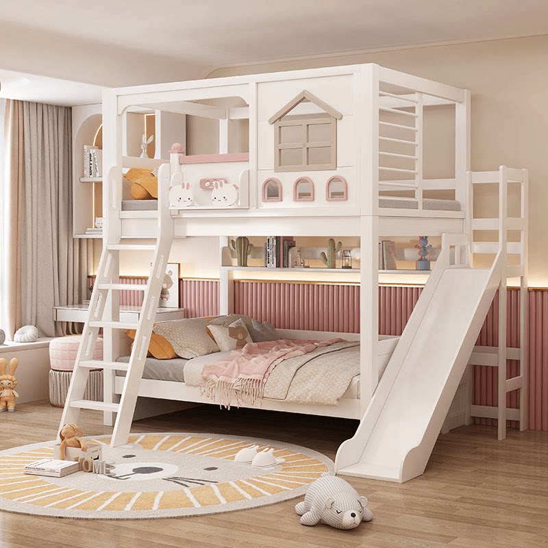 Modern Pink Solid Wood Kids Bu - огляд і ціна Bunk Bed With Stairs And Slide
